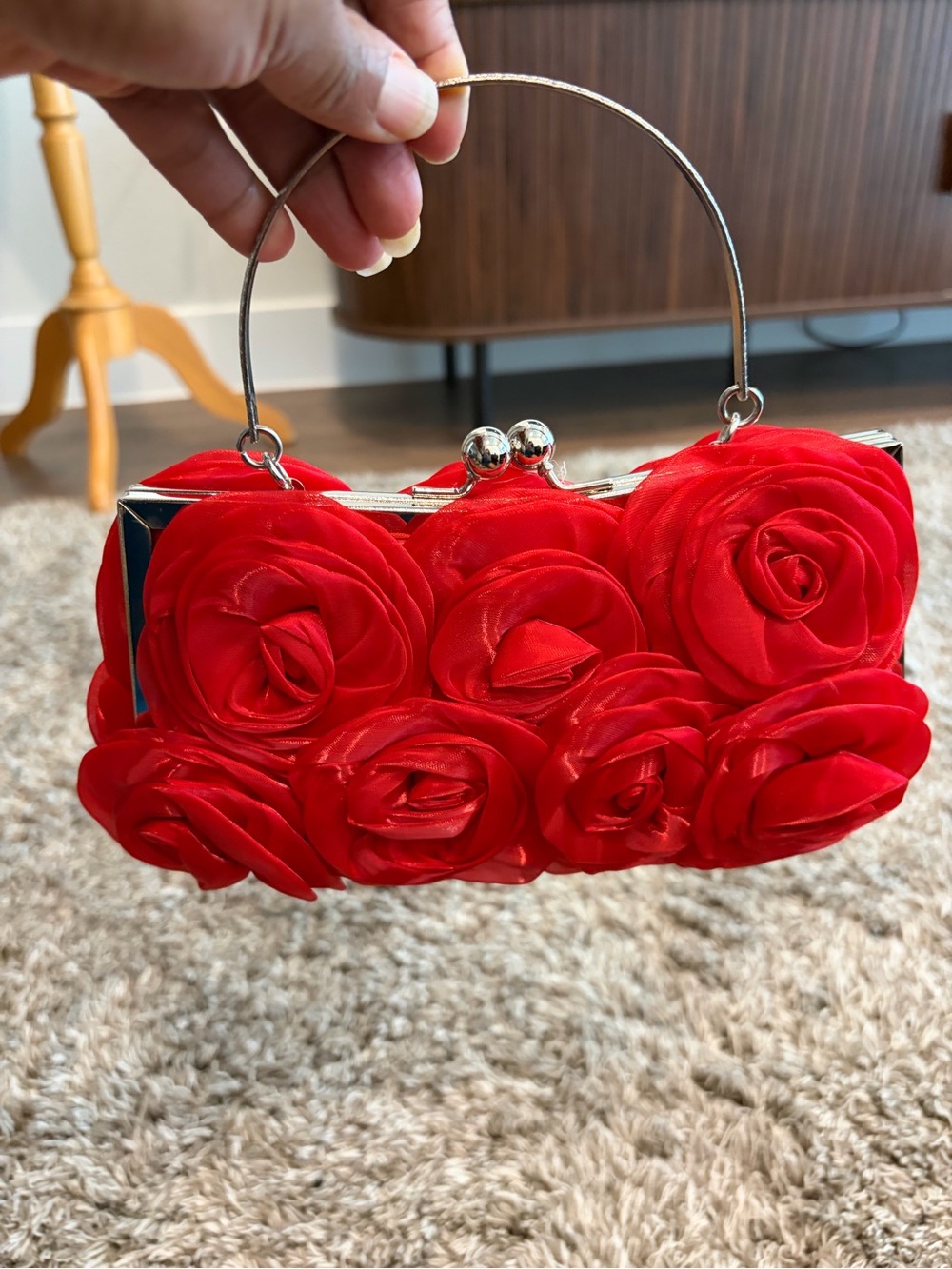 Red Rose Appliqué Evening Clutch Handbag